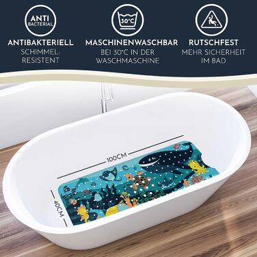 Дитячий килимок для ванни Homerella, антиковзкий, 100% BPA-free, 100x40 см, з 2 гачками, туркус Ocean Friends, для чутливої шкіри, протигрибковий, для малюків, миється