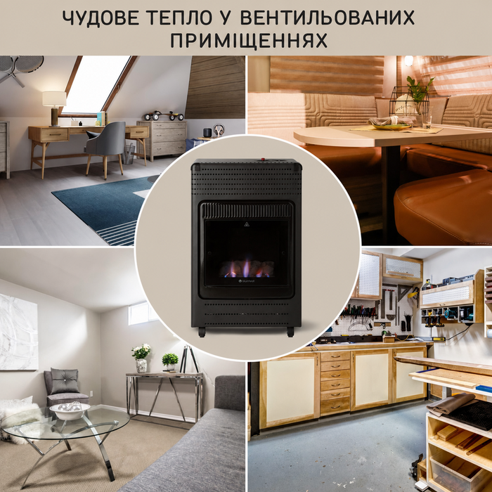 Газова пічка Blumfeldt Andora Flame з імітацією полум'я, 2 режими нагріву (2 або 3,4 кВт), для газових балонів до 11 кг, площа обігріву до 68 м², електричне підпалювання, шланг і редуктор у комплекті, чорна