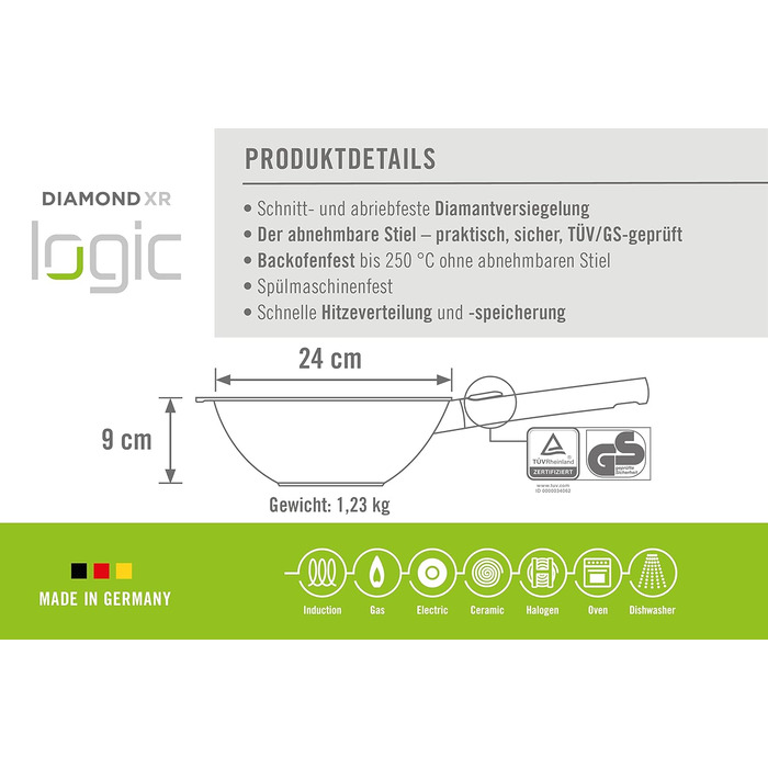 Сковорода-вок Woll Diamond Logic XR 24 см, алюмінієва, антипригарна, для індукції та всіх плит, знімна ручка, чорна