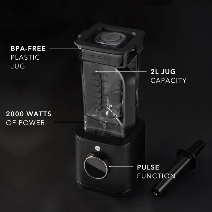 Потужний блендер Wilfa POWER FUEL XL 2л, 2000 Вт, 32000 об/хв, тританова чаша до 100°C, 3 програми, цифровий дисплей, регулятор швидкості, товкач, чорний