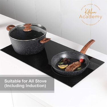 Набір каструль Kitchen Academy для індукції, 12 предметів, чорний граніт, антипригарне покриття, PFOA та PFOS безпечний