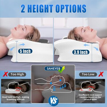 Подушка ортопедична SAHEYER з піни Memory Foam для шиї та голови, 60x35.5x10/13 см, сіра. Для зручного сну на боці.