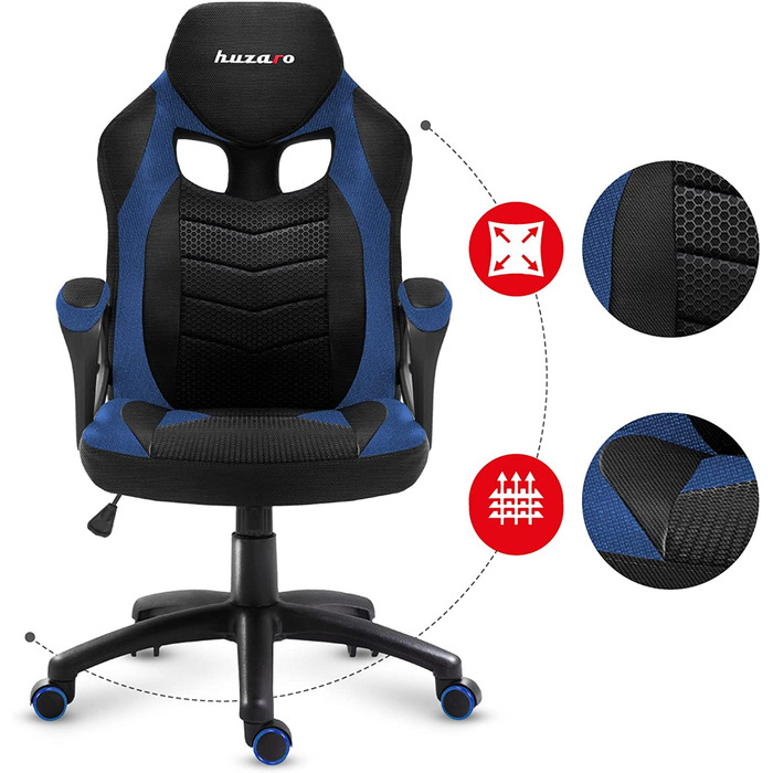 Геймерське крісло Huzaro Force 2.5 Blue Mesh, ергономічне, тканинне, чорне-синє, для комп'ютера, офісу, з регулюванням висоти та гойдалкою, навантаження до 140 кг