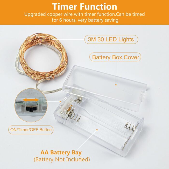 LED гірлянда на батарейках з таймером, 3 м, 30 LED, мідний дріт, тепле біле світло, комплект 10 шт. – для декору, вечірок, весілля, Різдва, Хелловіну