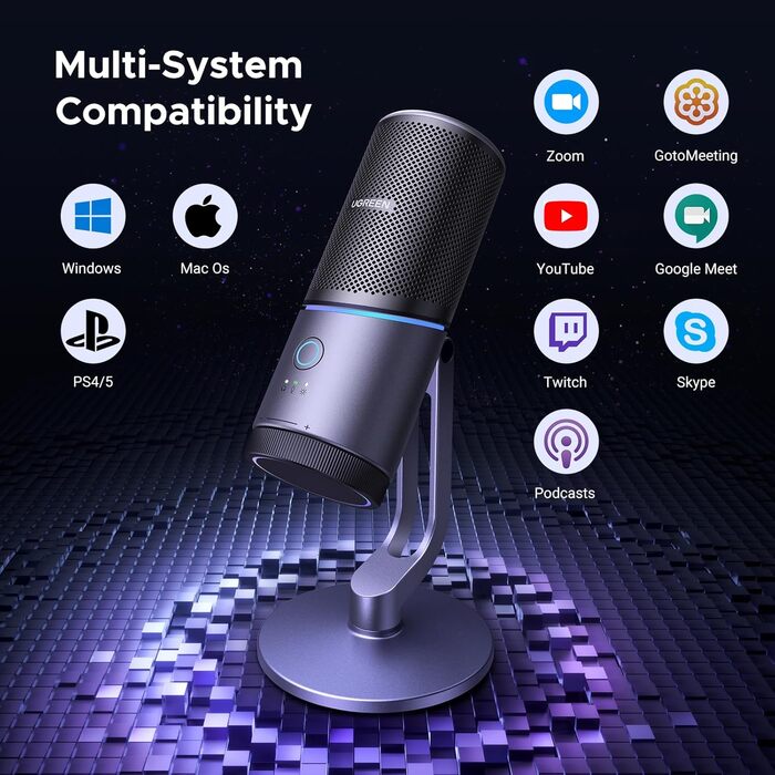 UGREEN ігровий USB-мікрофон з RGB-підсвічуванням, 24bit/96kHz, кнопка вимкнення звуку, конденсаторний мікрофон для ПК, PS5/PS4, стрімінгу, ігор, подкастів, запису, ноутбука