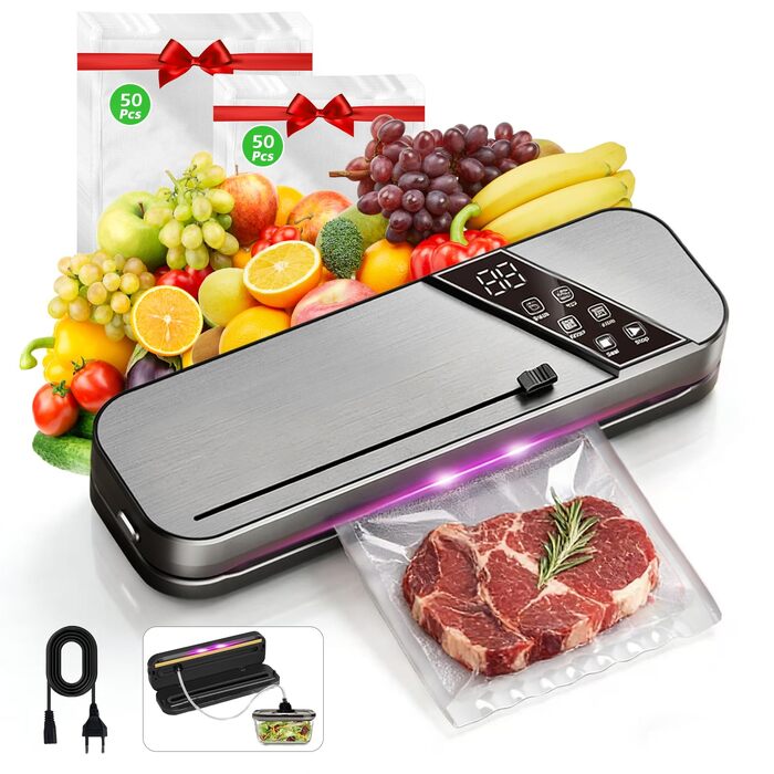 Вакууматор з УФ-стерилізацією Profi Food 15 л/хв, 5-в-1 + 100 пакетів BPA-free, для Sous-Vide та Meal Prep, ширина запаювання 6 мм