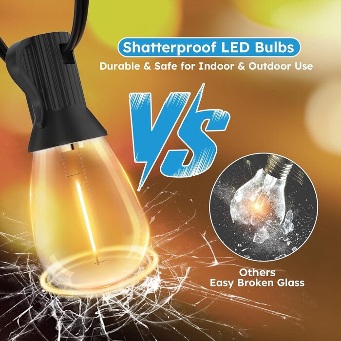 LED гірлянда вулична GvvooHome 60м, водонепроникна, 62 лампи S11, теплий білий 2700K, для тераси, саду, веранди