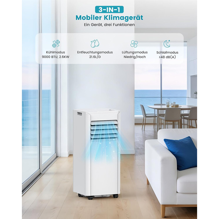 Мобільний кондиціонер Electactic 9000 BTU 3-в-1: з відведенням повітря, вентилятор, осушувач, пульт, таймер 24 год, білий