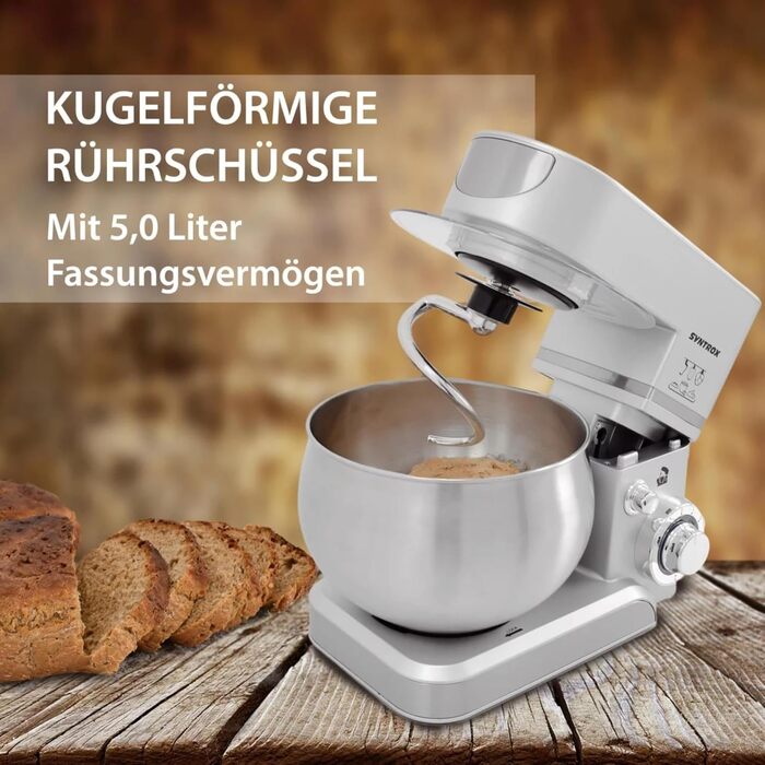 Кухонний комбайн Syntrox Germany 5 л, багатофункціональний, сріблястий, з антипослизькими ніжками, для тіста і міксування