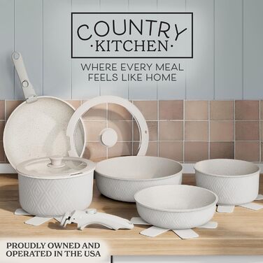 Набір посуду Country Kitchen (13 предметів): каструлі та сковороди з антипригарним покриттям, знімною ручкою, підходять для духовки та кемпінгу (Rhombus, кремовий)