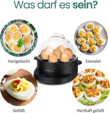Електричний яйцевар Emerio Multi для 7 яєй з трьома рівнями готовності (м'які, середні, тверді) та багатомовним голосовим керуванням, чорний