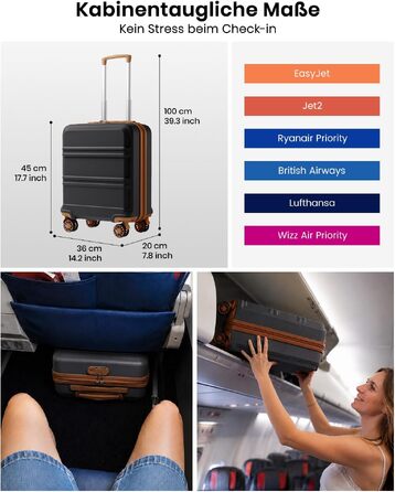 Валіза для ручної поклажі KONO (ABS+PC), жорстка Kabinenkoffer 52x38x21 см для Lufthansa, Eurowings, EasyJet, легка дорожня валіза з колесами та TSA замком, чорно-коричнева