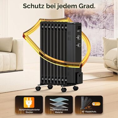 Масляний обігрівач VonHaus 2500W, електричний радіатор з термостатом, 3 режимами нагріву та таймером на 24 години, 9 секцій (Чорний)