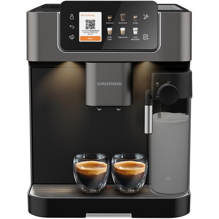 Кавомашина автоматична Grundig KVA 8230, 19 бар, сталева кавомолка, капучинатор, підігрів чашок, чорний/сріблястий