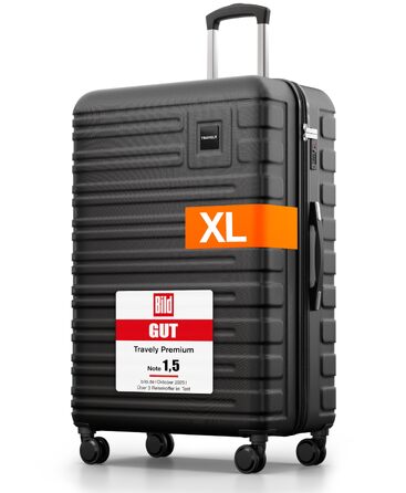 Валіза Travely XL 77 см, полікарбонат, 100 л, чорна — містка валіза для подорожей з TSA-замком та підшипниковими колесами, 77x52x29 см
