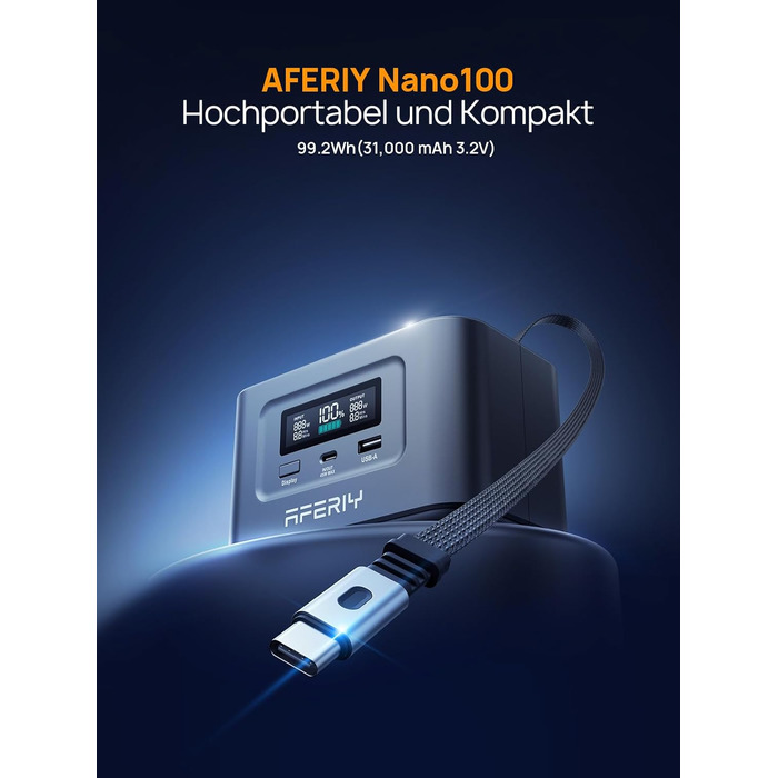 Портативна електростанція AFERIY 100W, 99.2Wh/31000mAh, PD3.0, сонячна зарядка 100W, 6-рівневий захист, для подорожей, кемпінгу, надзвичайних ситуацій