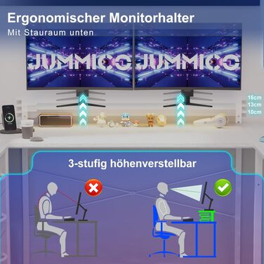 Ігровий кутовий стіл JUMMICO L-подібний 170x95 см з LED підсвіткою, регульованою підставкою під монітор, 3 шухляди, 2 розетки, 2 USB, сталевий та дерев'яний, білий