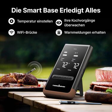 Розумний бездротовий термометр для м'яса ThermoMaven з базовою станцією, Bluetooth та WLAN, 2 щупи (6 сенсорів), NIST-сертифікований, для смокера, духовки та BBQ, коричневий