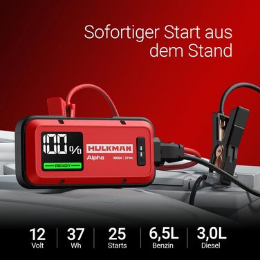Бустерний пускач HULKMAN Alpha Ultra Red 1000A 37Wh для авто 12В, портативний jump starter для бензинових (до 6.5L) та дизельних (до 3.0L) двигунів, IP65, LED-дисплей