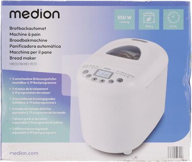 Хлібопічка MEDION MD 11011, 550 Вт, 19 програм, 1000 г, 3 рівні підсмажування, таймер, підтримка тепла