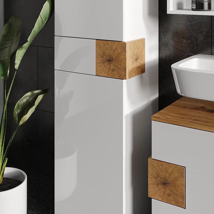 Високий шафа для ванної Vicco Eden, білий глянець/дуб Артизан, 40x184,2 см, 2 двері, шухляда