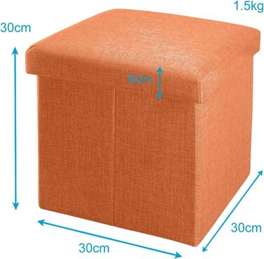 Складаний пуф INTIRILIFE 30x30x30 см, мандариновий, з місцем для зберігання, тканина під льон, куб-сидіння, пуф-ящик, сидіння-лава