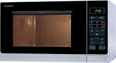 Мікрохвильова піч Sharp R342INW, 25 л, 900 Вт, LED-дисплей, 8 програм, таймер, розморожування за вагою, скляний піддон 31,5 см, захист від дітей, енергозбереження, срібляста