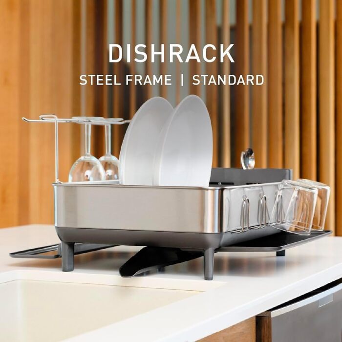 Підставка для посуду simplehuman KT1181 з піддоном та тримачем для столових приборів, велика, сіра, матова нержавіюча сталь