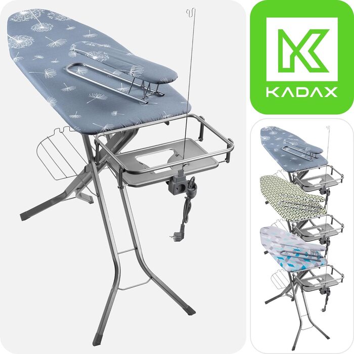 Праскадоска KADAX з розеткою 130x48 см, для прасування з парою, з полицею для праски і підставкою для рукавів, складана, темно-синя