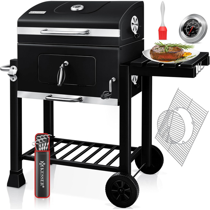 Гриль KESSER® Grillwagen BBQ Smoker XL з коліщатками, термометром та аксесуарами. Чорний котел для барбекю з нержавіючої сталі, решітка та 8 шампурів