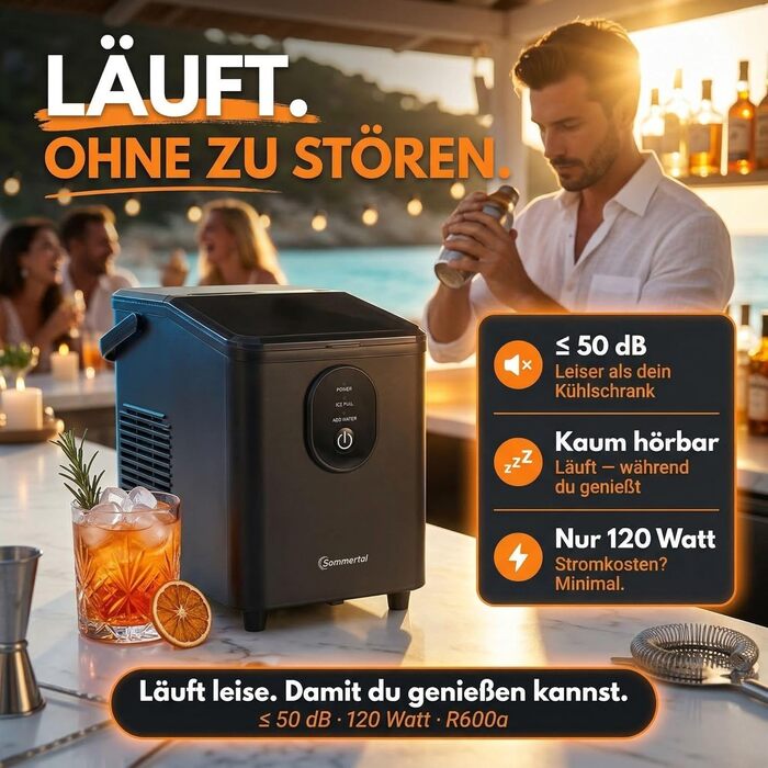 Sommertal EM12S Льодогенератор 12 кг/24 год: Машина для льоду з ручкою, швидке виробництво кулеподібного льоду (0,3 кг за 20 хв), тиха робота (50 дБ) для кухні, офісу та вечірок