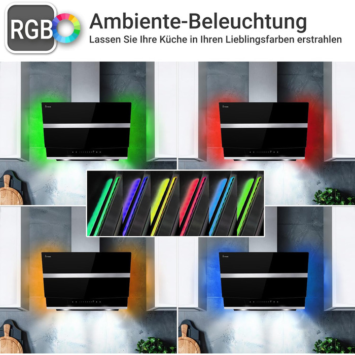 Пристінна витяжка KKT Kolbe Hermes 8005SM 80 см, нержавіюча сталь та чорне скло, продуктивність 782 м³/год, WLAN, RGBW-LED підсвічування, сенсорне керування, клас A+++