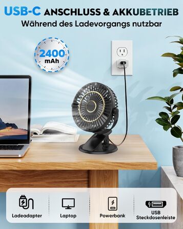 COZII Міні-вентилятор USB: кліпса на стіл, 720° поворот, 5 швидкостей, LED-дисплей. Портативний вентилятор для дому, офісу, дитячого візочка, подорожей - чорний