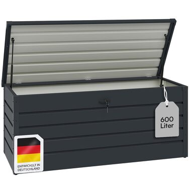 Скриня для саду STEELSØN Dorado 600л, металева оцинкована, водонепроникна, антрацит, з замком та відкидною кришкою - для саду, балкону, тераси 120x62x63 см