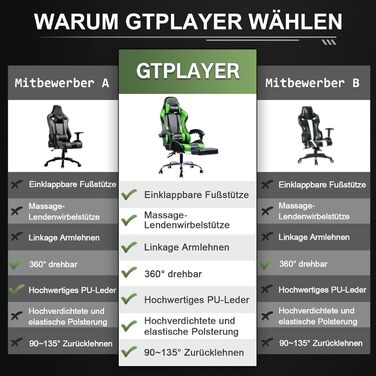 Ігрове крісло GTPLAYER з масажем та підставкою для ніг, ергономічне офісне крісло для геймерів, з підголівником і масажною подушкою для попереку, оббите, поворотне, зелений колір