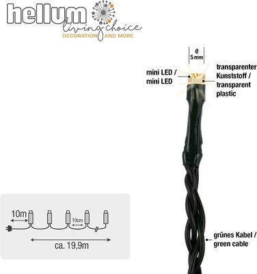 Гірлянда hellum LED для вулиці з таймером, 19,9 м, 200 теплих білих LED, електрична з зеленим кабелем, для ялинки