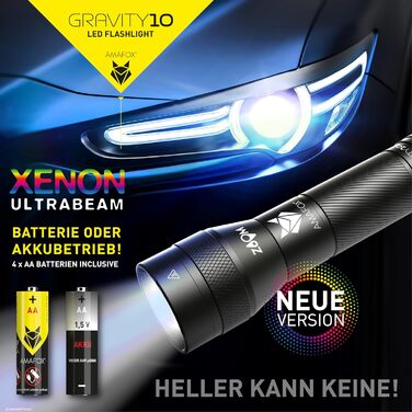 Ліхтарик AMAFOX G10-1000 люмен OSRAM XENON Power-LED, надяскравий, з регулюванням яскравості та зумом, працює на 4x AA батарейках
