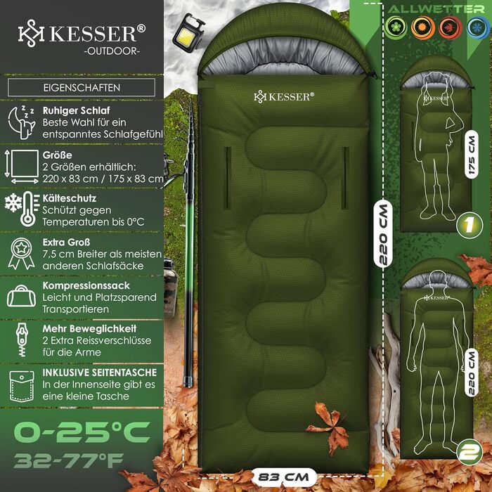 Спальний мішок KESSER Outdoor для дорослих та дітей, всесезонний (3-4 сезони), водовідштовхуючий та теплий, Khaki, 220 x 83 см, з ліхтариком та бічною кишенею