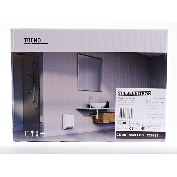 Керамічний електрообігрівач STIEBEL ELTRON CK 20 Trend LCD 2 кВт, енергоощадний, для ванної кімнати, 25 м², тижневий таймер, LCD-дисплей, TÜV, Німеччина