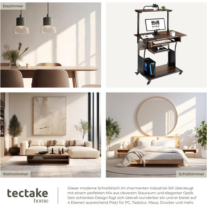 Письмовий стіл tectake Industrial 80x65.5x130.5 см з полицями, висувною полицею для клавіатури, темно-коричневий - Офісний стіл, Комп'ютерний стіл, Принтерний стіл
