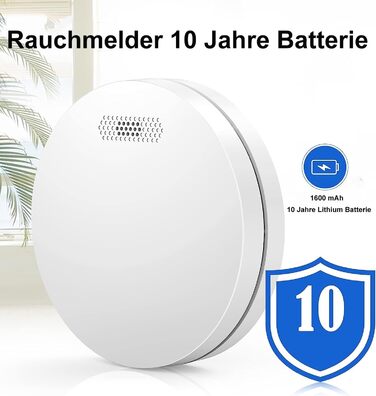 Датчик диму Rauchmelder з батареєю на 10 років, плоский, сертифікат TÜV Rheinland, функція вимкнення звуку, гучний сигнал 85dB, автономний, чутливий, білий (набір 6 шт.)