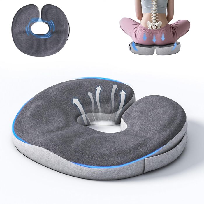 Ортопедична подушка-кільце з ефектом пам'яті Memory Foam для копчика та копчик-підтримки, пом'якшення болю при геморої, ішіасі, вагітності та післяопераційному відновленні (сіра)