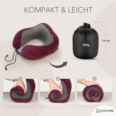 Комплект для подорожей Cozyor 4 в 1: подушка для шиї, маска для сну, надувна подушка та ковдра 2 в 1, беруші, з кріпленням для рюкзака та валізи, червоний, бордовий (Berry)