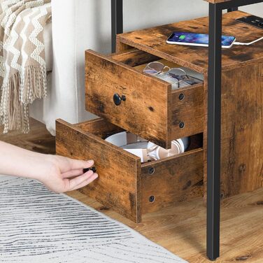 Тумба приліжкова HOOBRO з USB-зарядкою, 2 шухляди, темно-коричнева, 40x40x61 см, сучасна, для спальні та вітальні