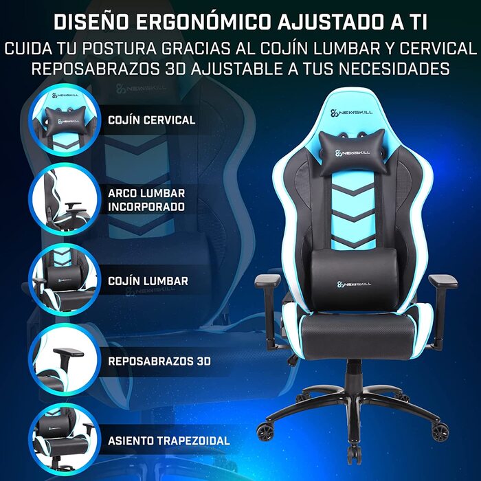 Ігрове крісло Newskill Kaidan, металева рама, 180° регульована спинка, 3D-підлокітники, синє