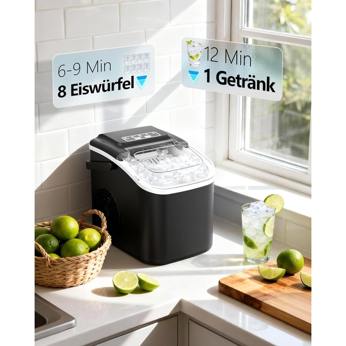 Льодогенератор портативний Klein Ice Maker 12 кг/24год, швидке виробництво льоду (8 кубиків за 6 хв), 2 розміри кубиків, самоочищення для дому, кухні, кемпінгу, вечірок