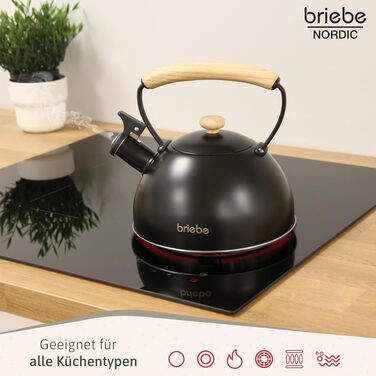 Тостер Briebe Nordic на 2 тости з широкими слотами та підставкою для булочок, 6 рівнів підсмажування + Електричний чайник індукційний 2.3л, нержавіюча сталь, BPA-free, Набір для сніданку в скандинавському стилі (Чорний)