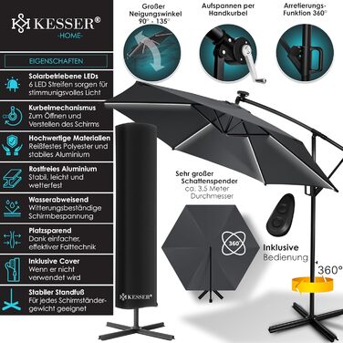 Сонячна алюмінієва парасолька KESSER 350 см з LED підсвіткою, дистанційним керуванням, водовідштовхувальна, UV-захист, з основою, для саду, антрацит
