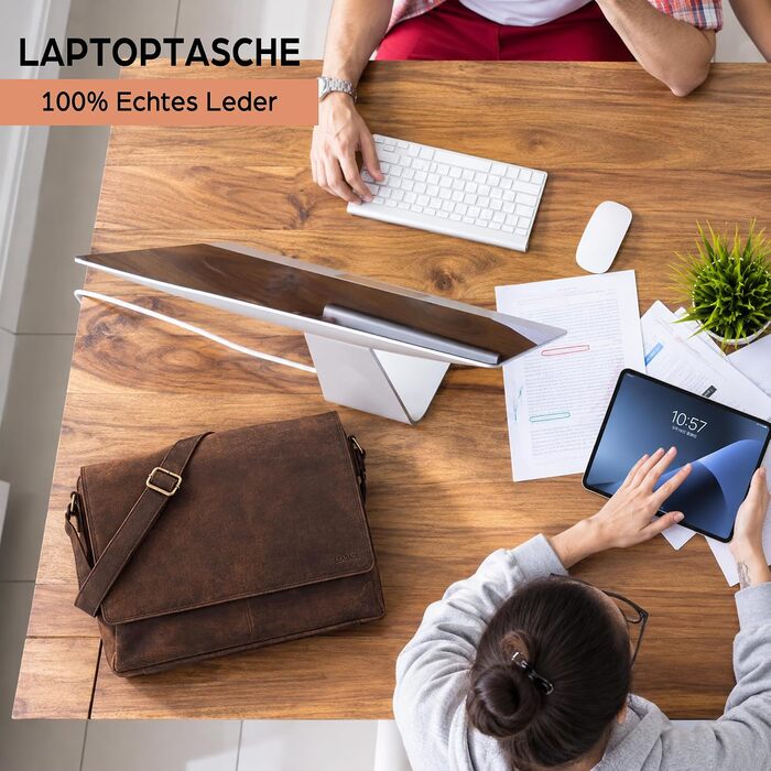 Сумка для ноутбука 15 дюймів LEABAGS з натуральної шкіри та тканини Оксфорд, 38x10x31 см, колір мускат