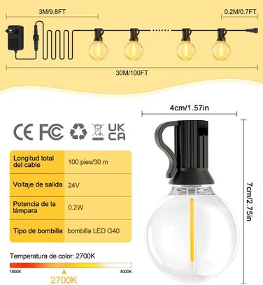 Гірлянда LED зовнішня 30м G40 з пультом, IP44 для саду, тераси, вечірки